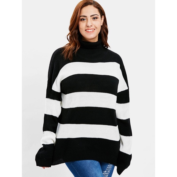 Plus Size Black & White Striped Turtleneck Sweater - Picture 2 of 7